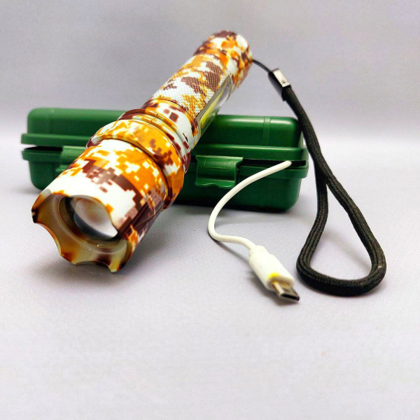 Фонарь электрический светодиодный аккумуляторный с фокусировкой луча и боковой подсветкой XPE+COB (microusb+водонепроницаемый пластиковый бокс)